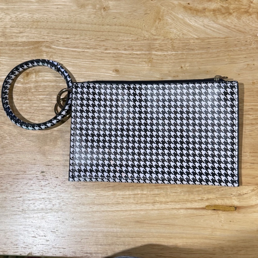 Houndstooth Bangle Wristlet Pouch Black White Double Zip Wallet Clutch
